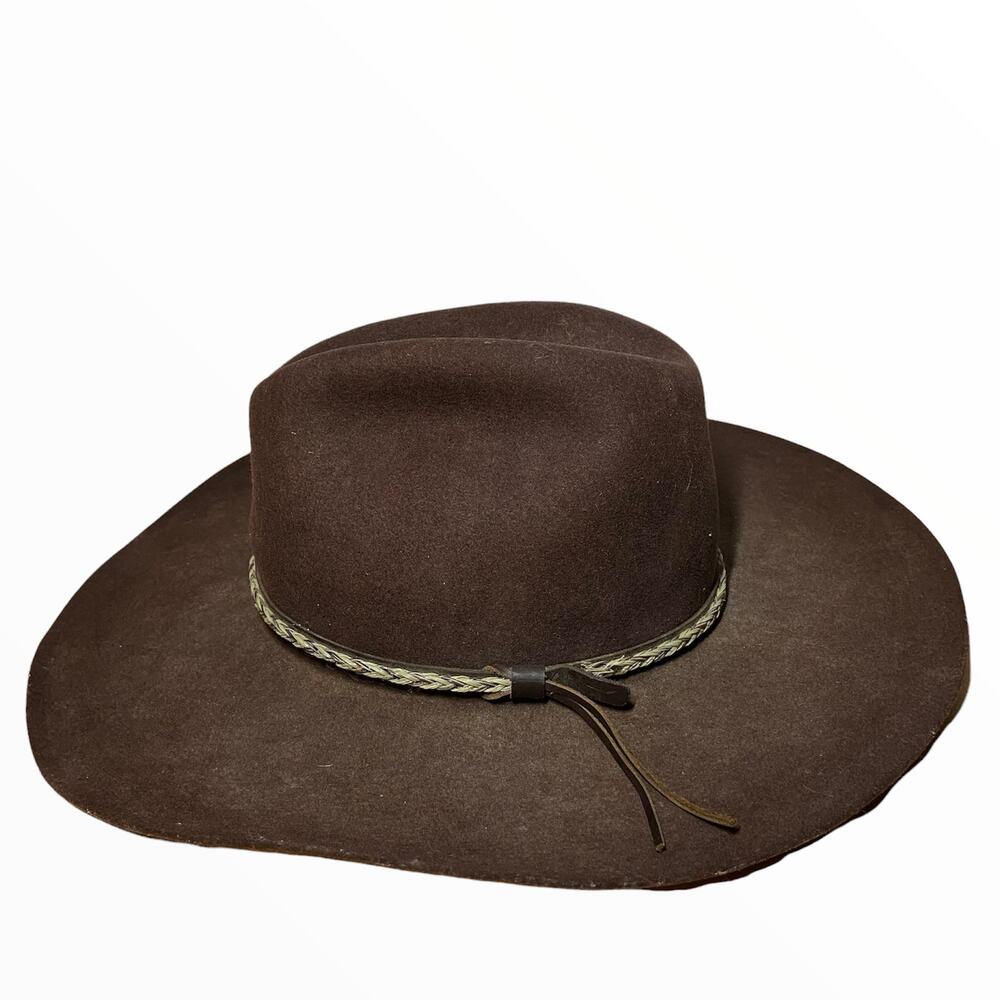 MHT Westerns Cowboy Hat Silk Lined Felt 3X Beaver Blend Wide Brim Brown 58 7 1/4